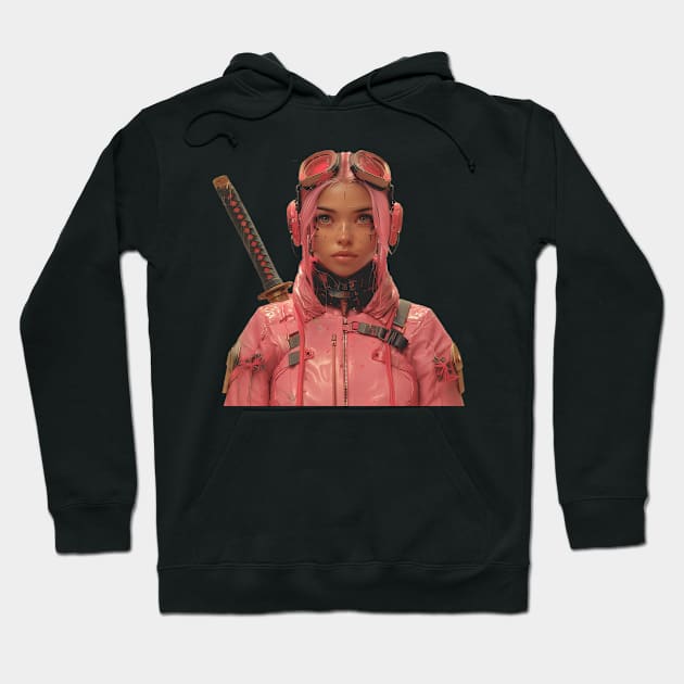 Japanese Samuari Girl Pink Realistic Art Hoodie by Vlaa